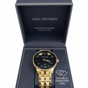 van heusen genuine diamond gold tone men’s watch – black double diamond dial